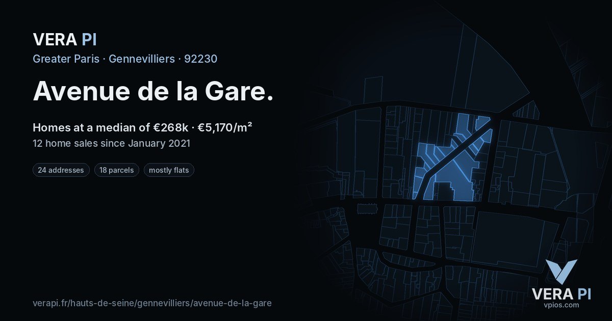 Avenue de la Gare, Gennevilliers at night – every parcel coloured by the prices around it, the street's own parcels lit