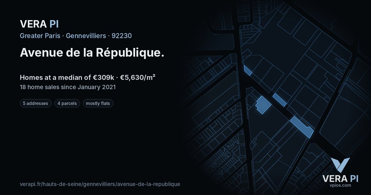 Avenue de la République, Gennevilliers at night – every parcel coloured by the prices around it, the street's own parcels lit