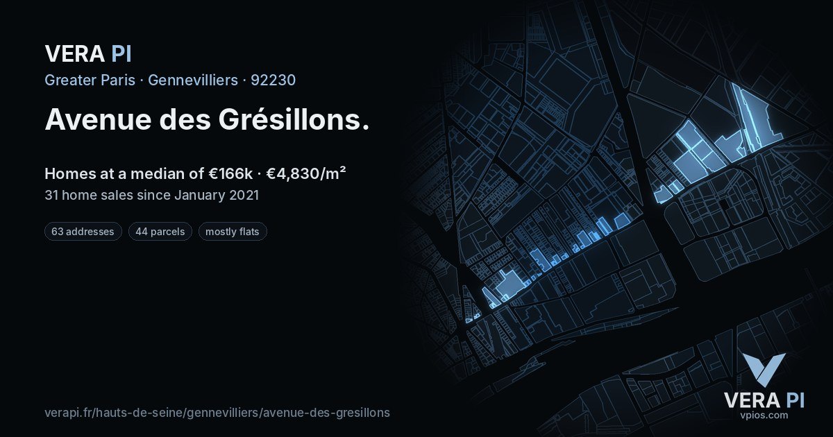 Avenue des Grésillons, Gennevilliers at night – every parcel coloured by the prices around it, the street's own parcels lit