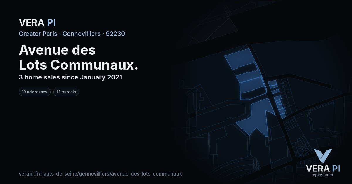 Avenue des Lots Communaux, Gennevilliers at night – every parcel coloured by the prices around it, the street's own parcels lit