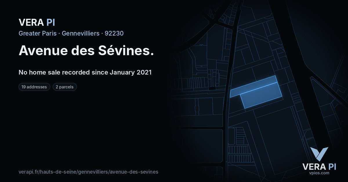 Avenue des Sévines, Gennevilliers at night – every parcel coloured by the prices around it, the street's own parcels lit