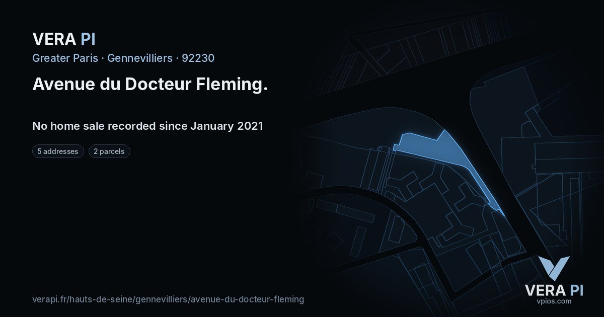 Avenue du Docteur Fleming, Gennevilliers at night – every parcel coloured by the prices around it, the street's own parcels lit