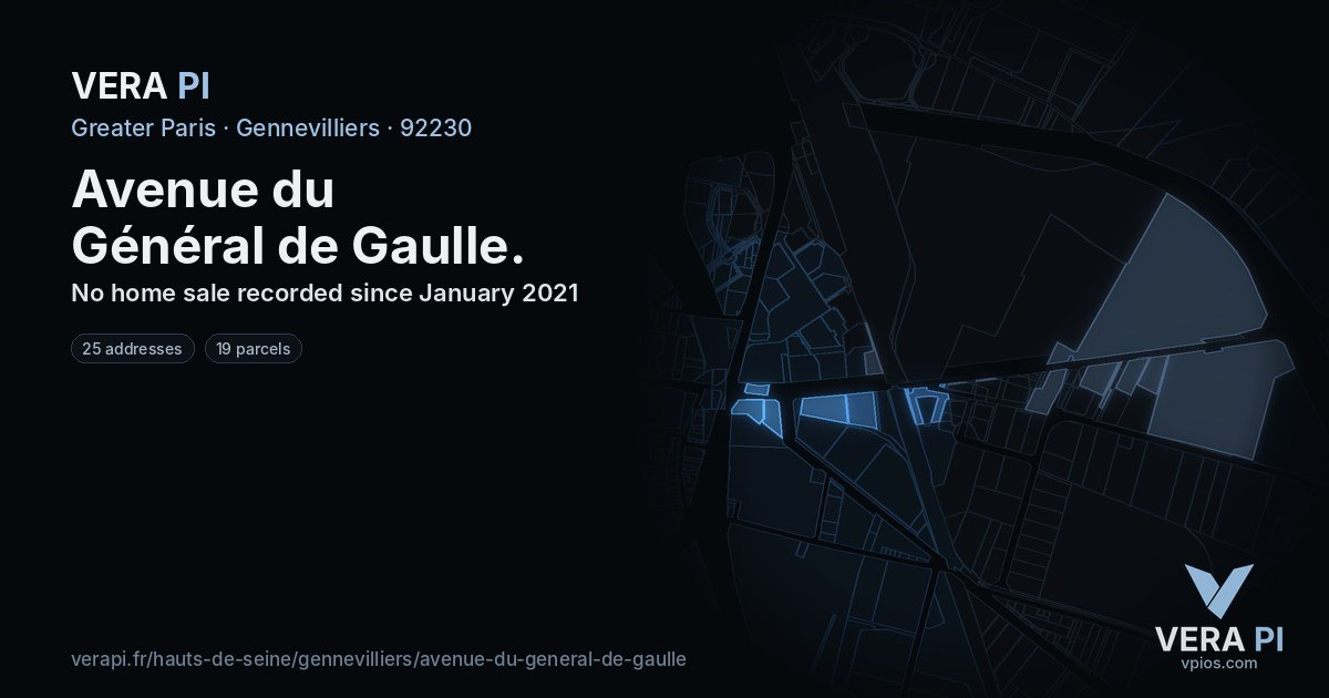 Avenue du Général de Gaulle, Gennevilliers at night – every parcel coloured by the prices around it, the street's own parcels lit