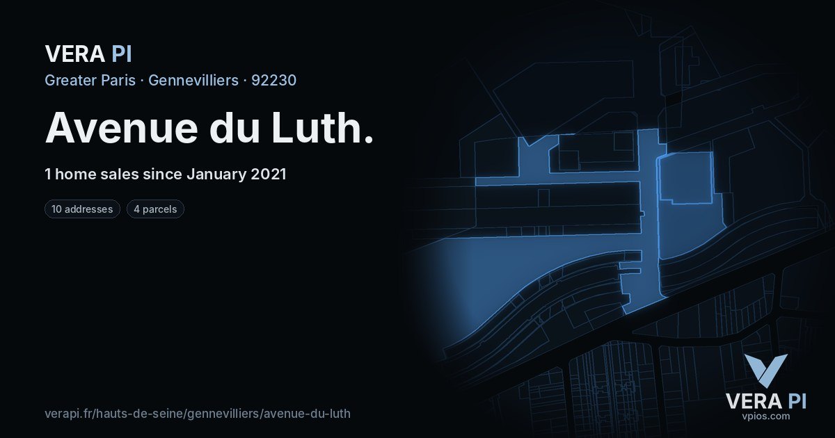 Avenue du Luth, Gennevilliers at night – every parcel coloured by the prices around it, the street's own parcels lit