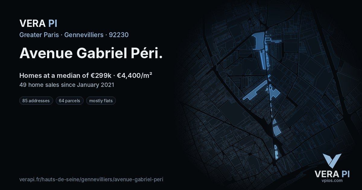 Avenue Gabriel Péri, Gennevilliers at night – every parcel coloured by the prices around it, the street's own parcels lit
