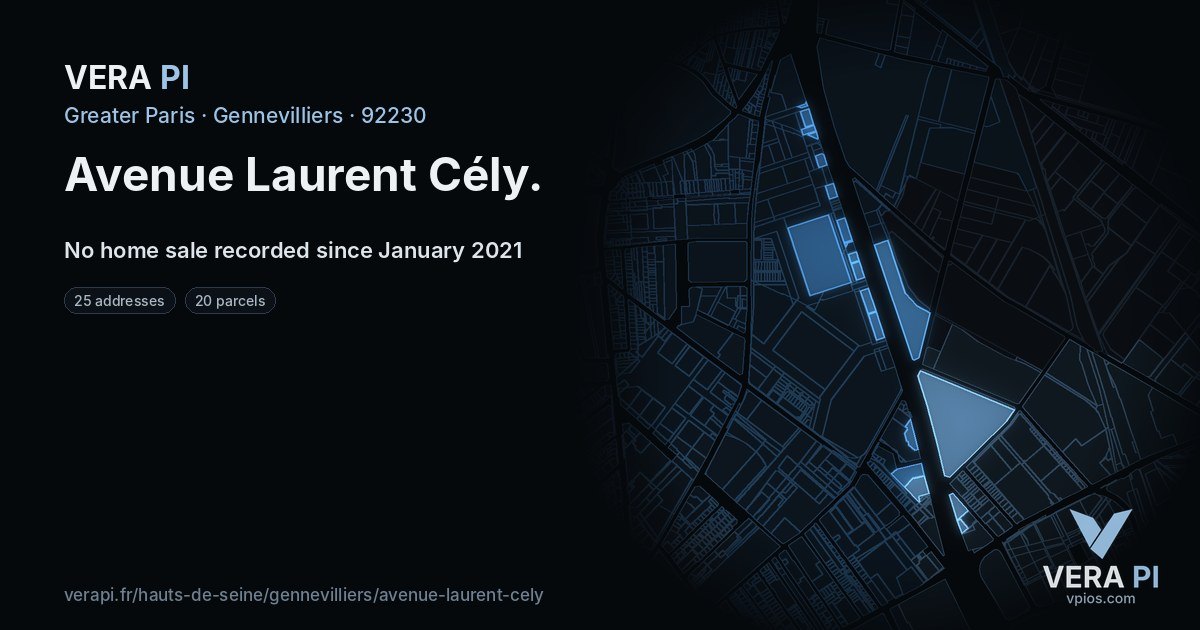 Avenue Laurent Cély, Gennevilliers at night – every parcel coloured by the prices around it, the street's own parcels lit
