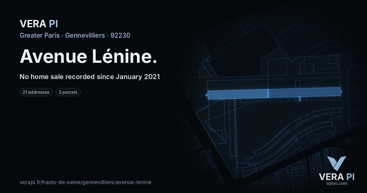 Avenue Lénine, Gennevilliers at night – every parcel coloured by the prices around it, the street's own parcels lit