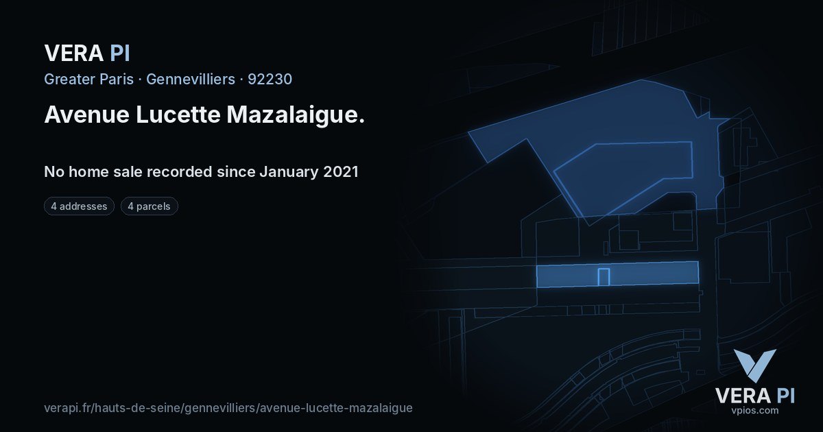 Avenue Lucette Mazalaigue, Gennevilliers at night – every parcel coloured by the prices around it, the street's own parcels lit