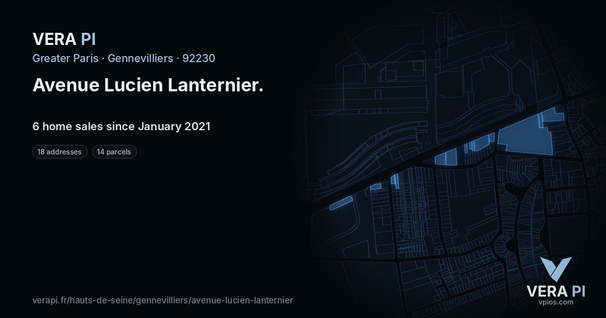 Avenue Lucien Lanternier, Gennevilliers at night – every parcel coloured by the prices around it, the street's own parcels lit