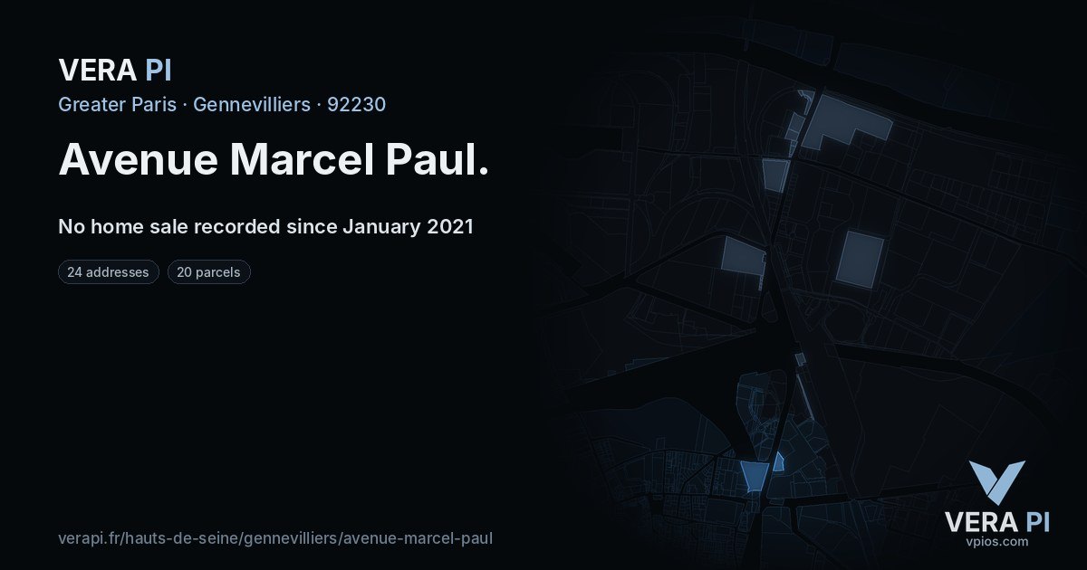 Avenue Marcel Paul, Gennevilliers at night – every parcel coloured by the prices around it, the street's own parcels lit