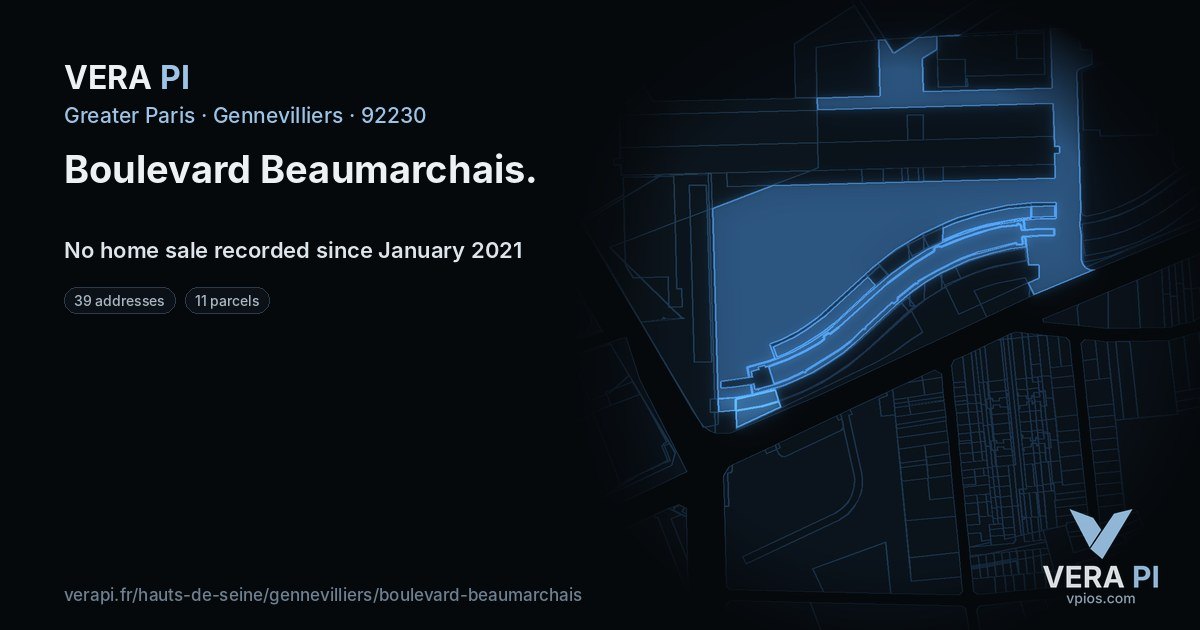 Boulevard Beaumarchais, Gennevilliers at night – every parcel coloured by the prices around it, the street's own parcels lit