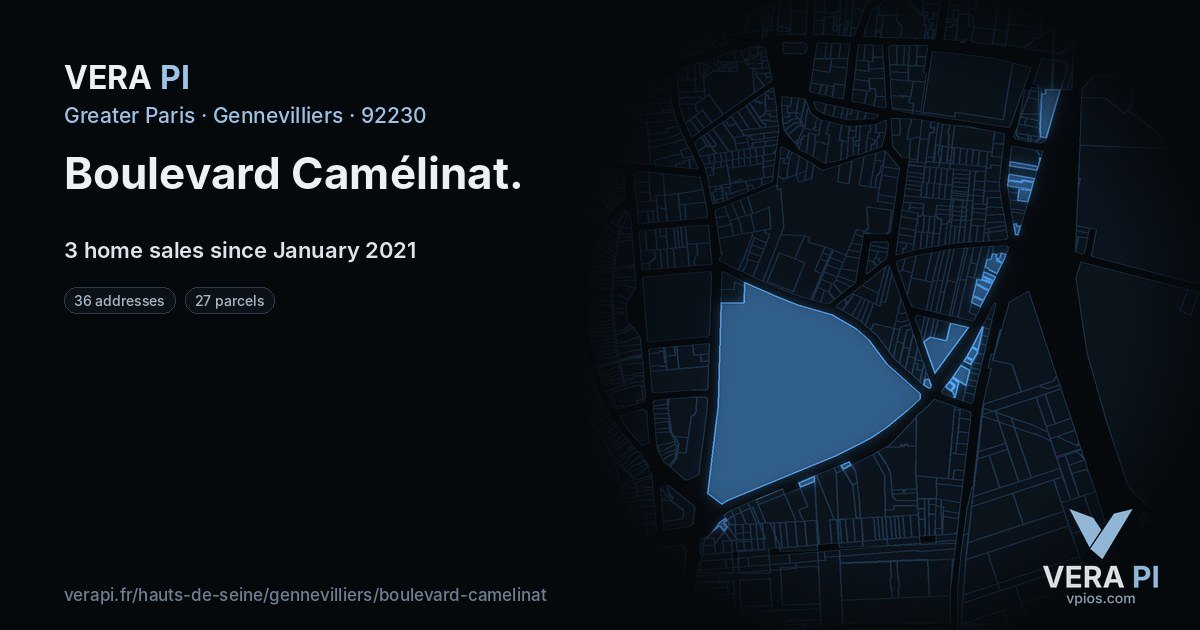 Boulevard Camélinat, Gennevilliers at night – every parcel coloured by the prices around it, the street's own parcels lit