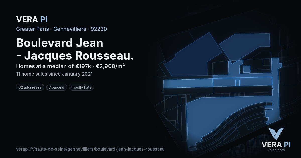 Boulevard Jean - Jacques Rousseau, Gennevilliers at night – every parcel coloured by the prices around it, the street's own parcels lit