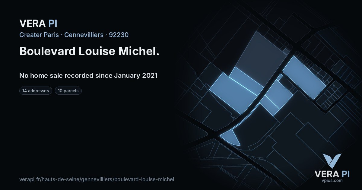 Boulevard Louise Michel, Gennevilliers at night – every parcel coloured by the prices around it, the street's own parcels lit