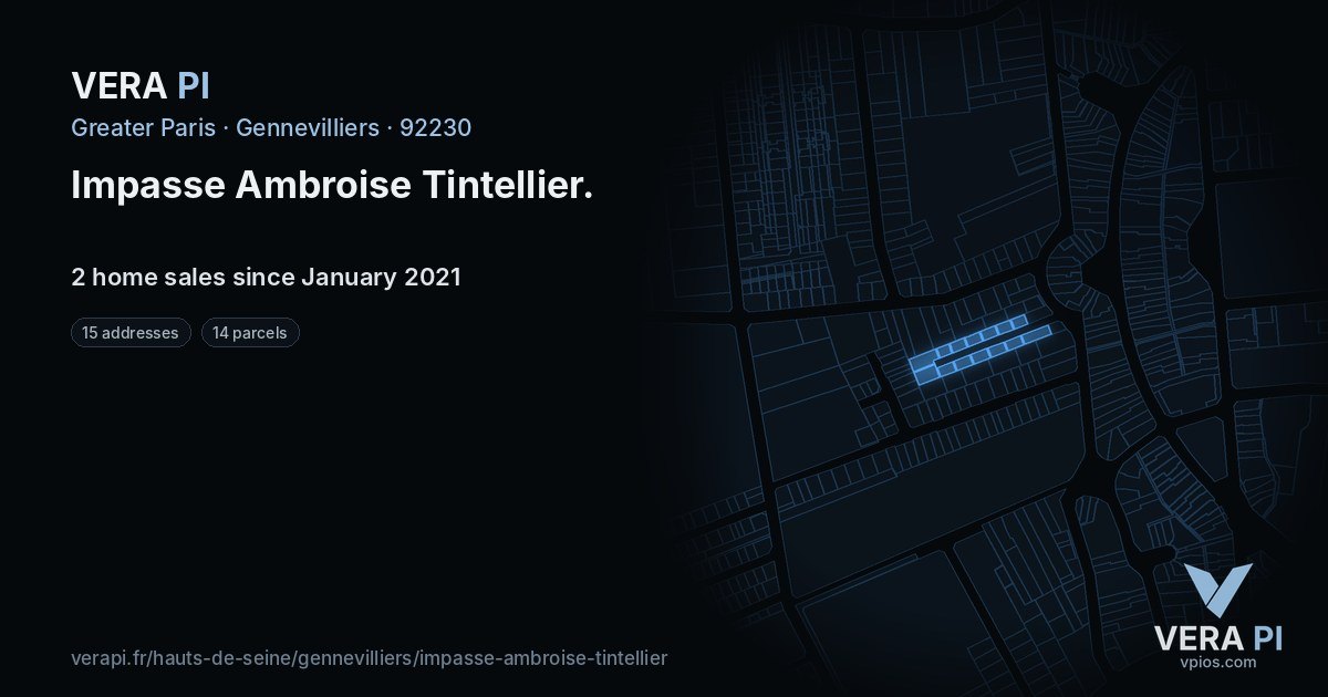 Impasse Ambroise Tintellier, Gennevilliers at night – every parcel coloured by the prices around it, the street's own parcels lit