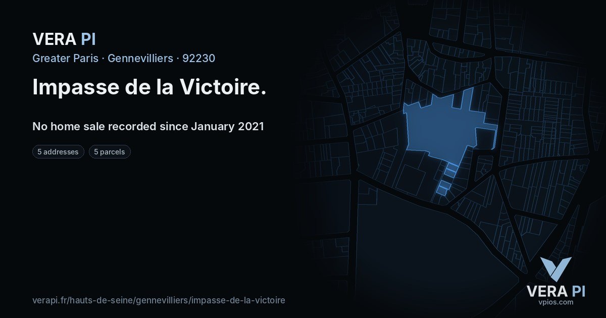 Impasse de la Victoire, Gennevilliers at night – every parcel coloured by the prices around it, the street's own parcels lit