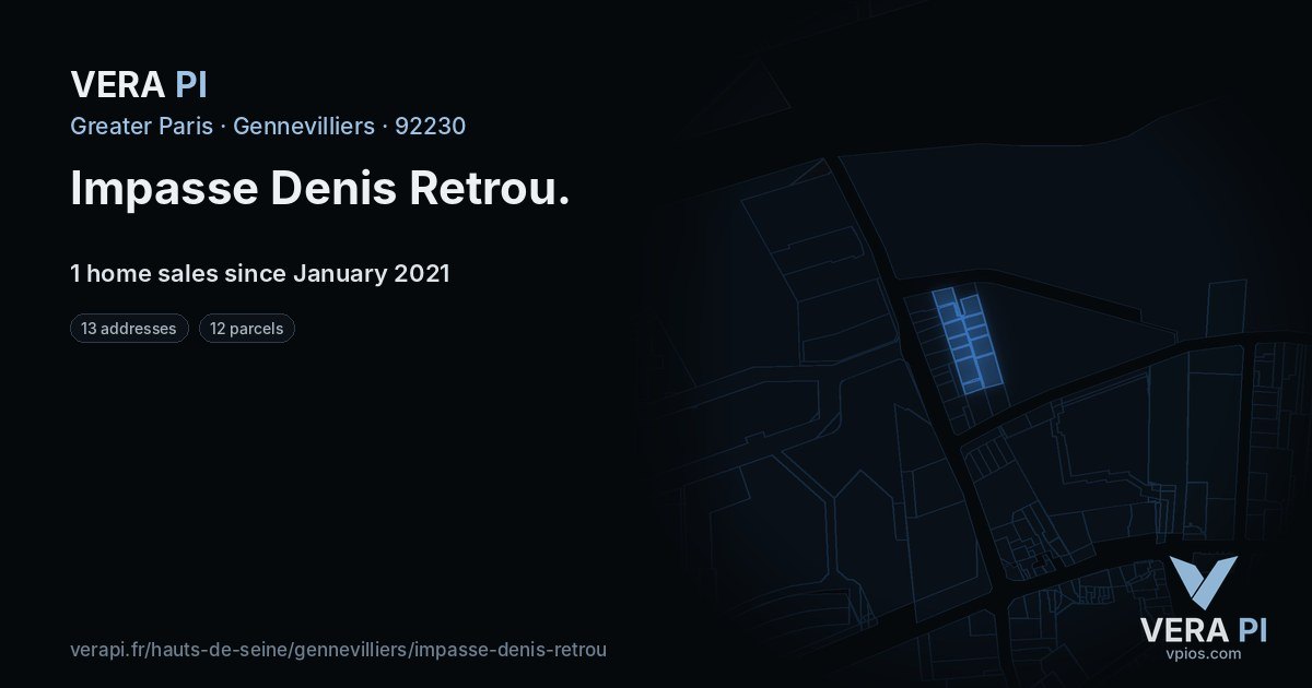 Impasse Denis Retrou, Gennevilliers at night – every parcel coloured by the prices around it, the street's own parcels lit