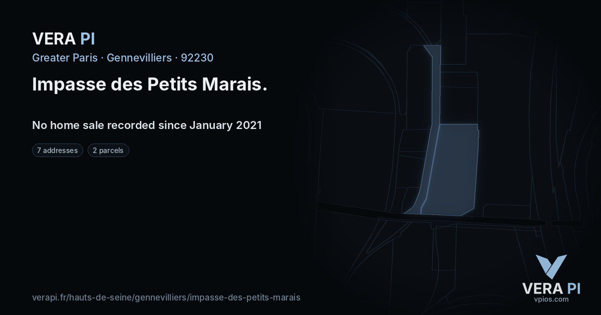 Impasse des Petits Marais, Gennevilliers at night – every parcel coloured by the prices around it, the street's own parcels lit