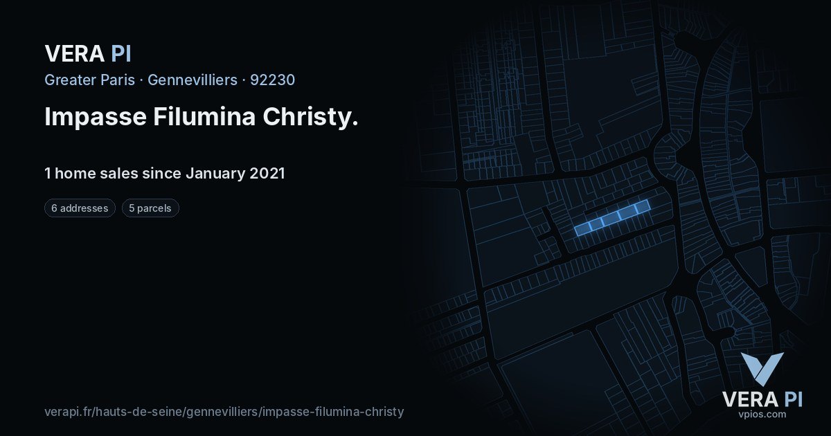 Impasse Filumina Christy, Gennevilliers at night – every parcel coloured by the prices around it, the street's own parcels lit