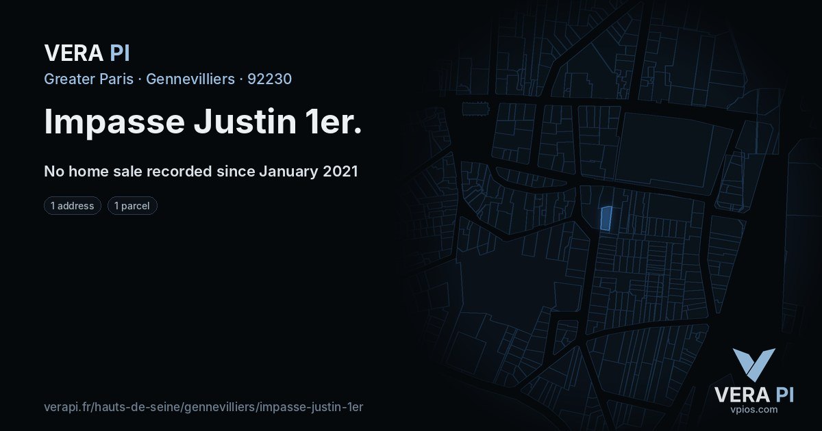 Impasse Justin 1er, Gennevilliers at night – every parcel coloured by the prices around it, the street's own parcels lit