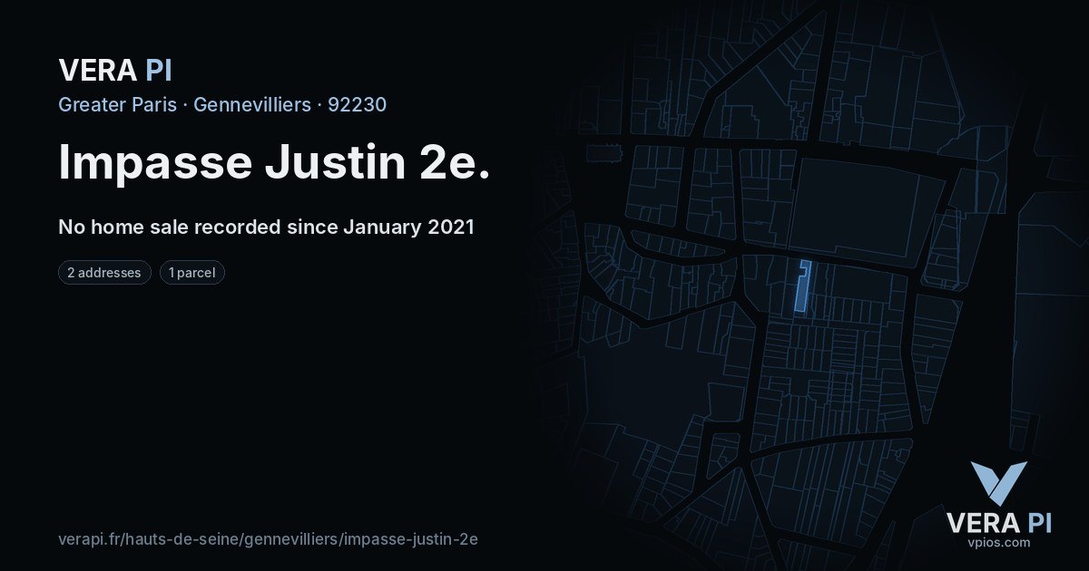 Impasse Justin 2e, Gennevilliers at night – every parcel coloured by the prices around it, the street's own parcels lit