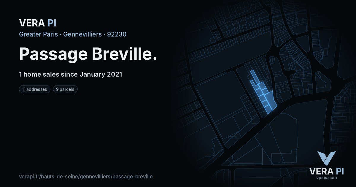 Passage Breville, Gennevilliers at night – every parcel coloured by the prices around it, the street's own parcels lit