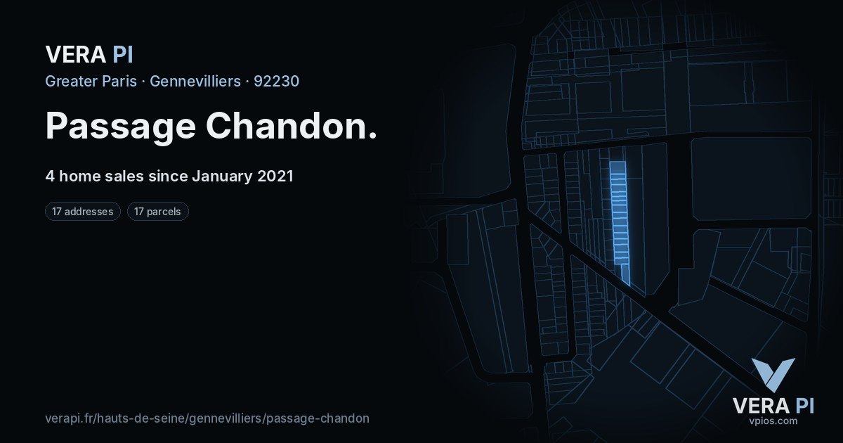 Passage Chandon, Gennevilliers at night – every parcel coloured by the prices around it, the street's own parcels lit