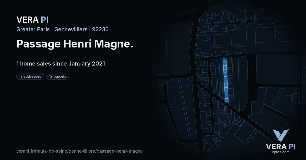 Passage Henri Magne, Gennevilliers at night – every parcel coloured by the prices around it, the street's own parcels lit