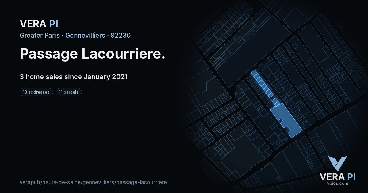 Passage Lacourriere, Gennevilliers at night – every parcel coloured by the prices around it, the street's own parcels lit