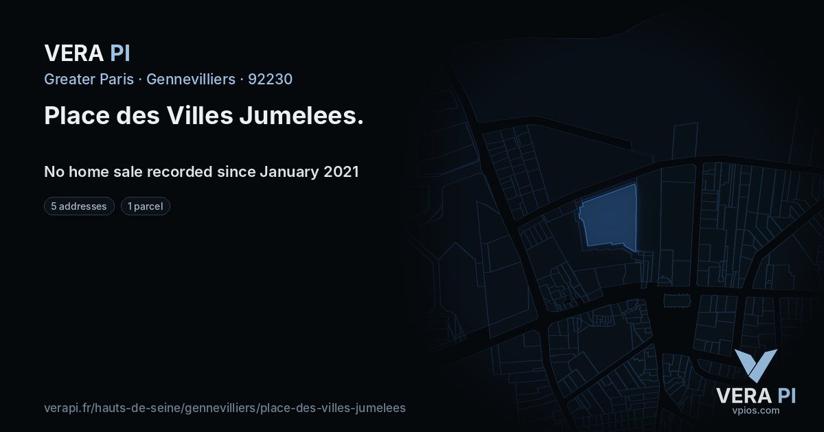 Place des Villes Jumelees, Gennevilliers at night – every parcel coloured by the prices around it, the street's own parcels lit