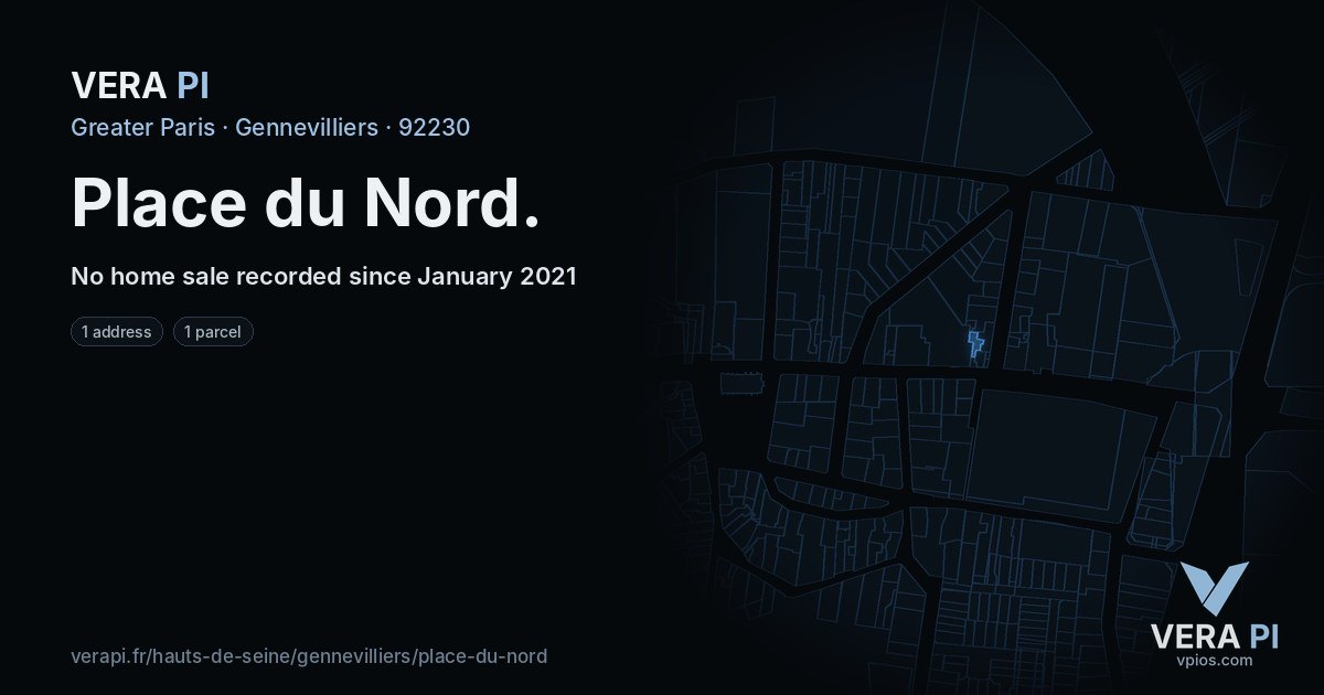 Place du Nord, Gennevilliers at night – every parcel coloured by the prices around it, the street's own parcels lit