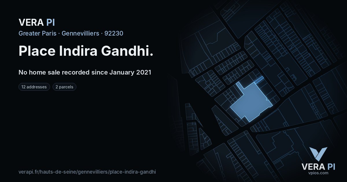 Place Indira Gandhi, Gennevilliers at night – every parcel coloured by the prices around it, the street's own parcels lit