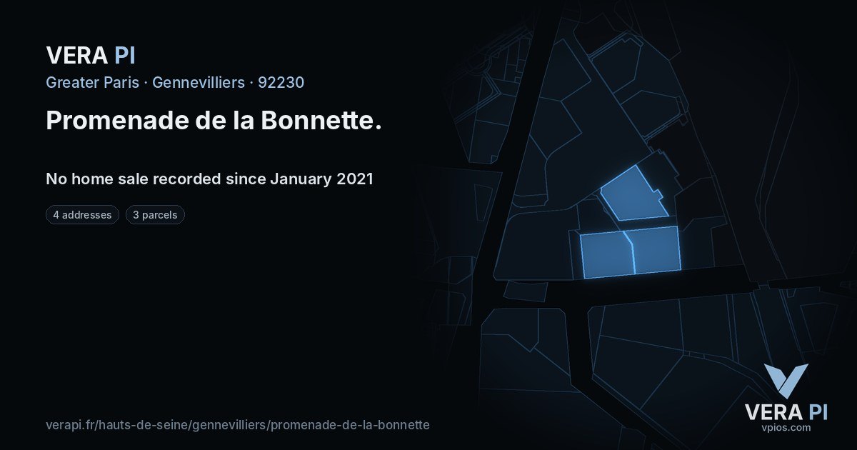Promenade de la Bonnette, Gennevilliers at night – every parcel coloured by the prices around it, the street's own parcels lit