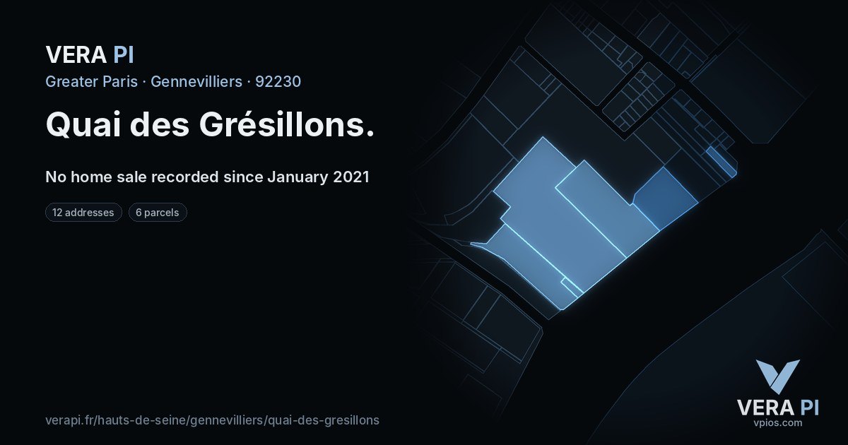 Quai des Grésillons, Gennevilliers at night – every parcel coloured by the prices around it, the street's own parcels lit
