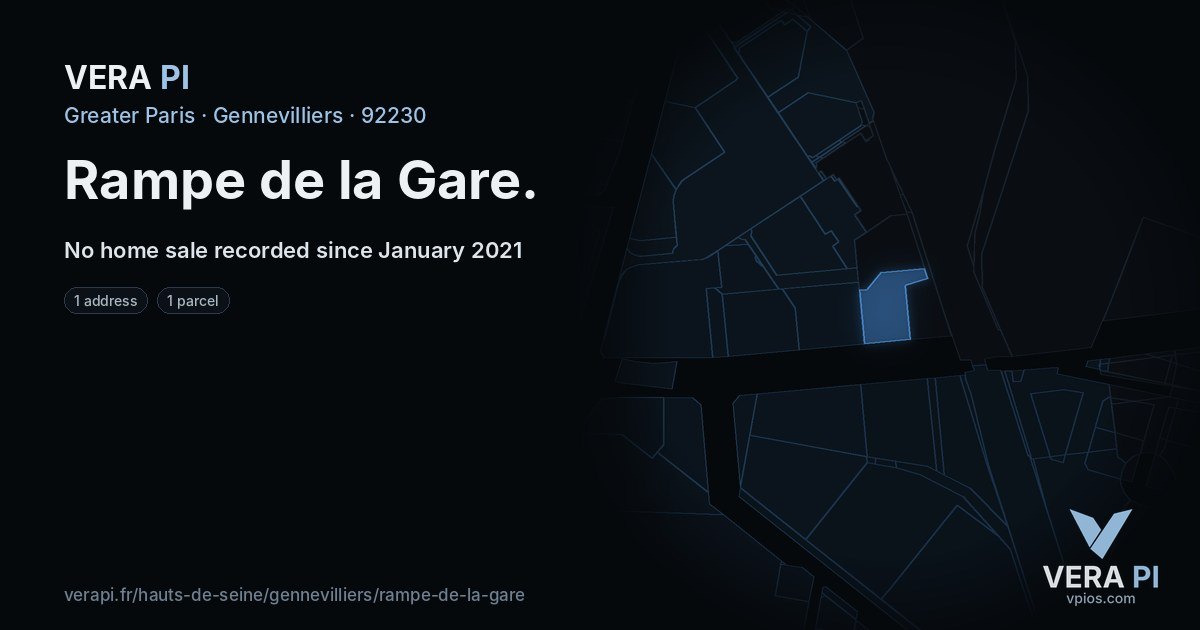 Rampe de la Gare, Gennevilliers at night – every parcel coloured by the prices around it, the street's own parcels lit