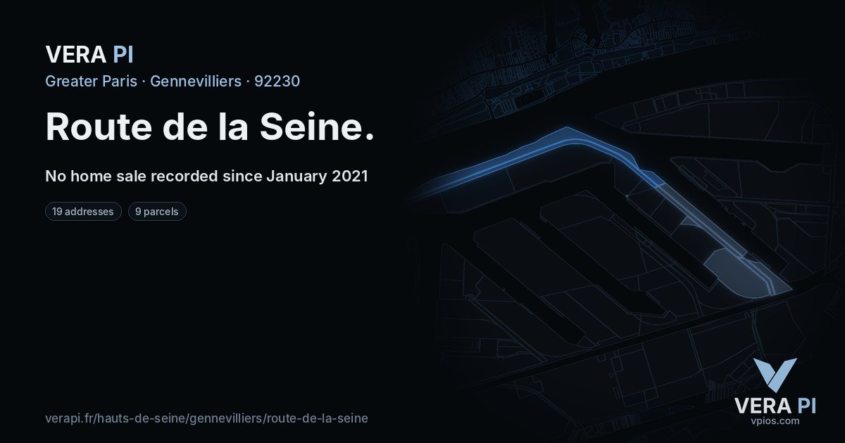 Route de la Seine, Gennevilliers at night – every parcel coloured by the prices around it, the street's own parcels lit