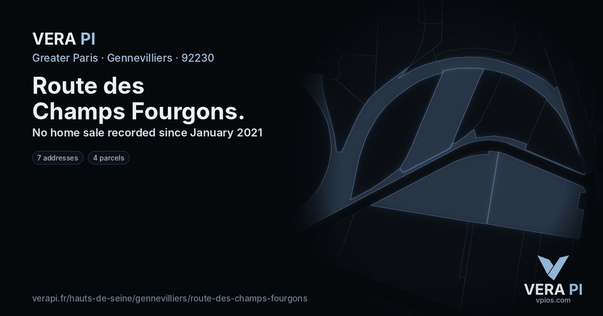 Route des Champs Fourgons, Gennevilliers at night – every parcel coloured by the prices around it, the street's own parcels lit