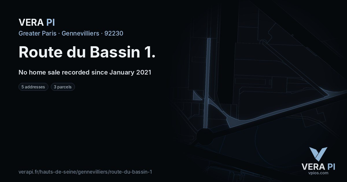 Route du Bassin 1, Gennevilliers at night – every parcel coloured by the prices around it, the street's own parcels lit