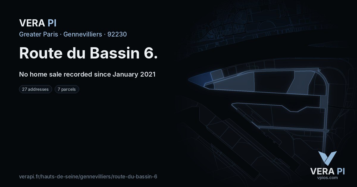 Route du Bassin 6, Gennevilliers at night – every parcel coloured by the prices around it, the street's own parcels lit