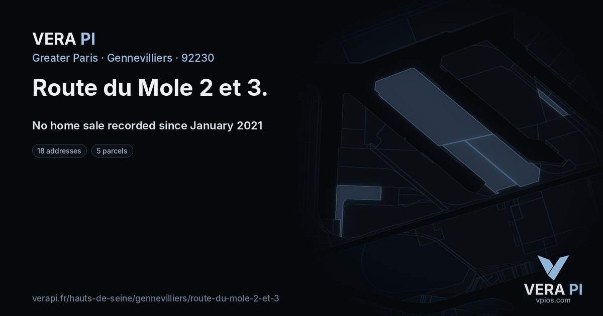 Route du Mole 2 et 3, Gennevilliers at night – every parcel coloured by the prices around it, the street's own parcels lit