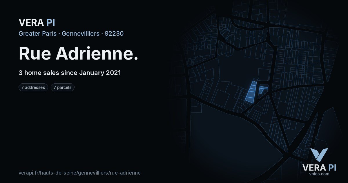 Rue Adrienne, Gennevilliers at night – every parcel coloured by the prices around it, the street's own parcels lit