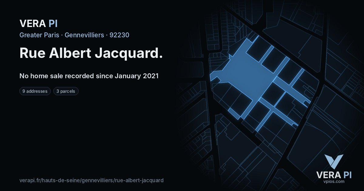 Rue Albert Jacquard, Gennevilliers at night – every parcel coloured by the prices around it, the street's own parcels lit