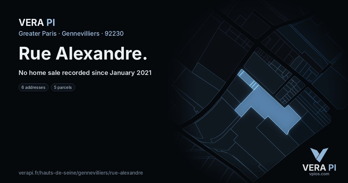 Rue Alexandre, Gennevilliers at night – every parcel coloured by the prices around it, the street's own parcels lit