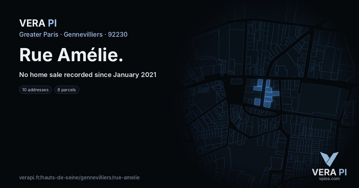 Rue Amélie, Gennevilliers at night – every parcel coloured by the prices around it, the street's own parcels lit
