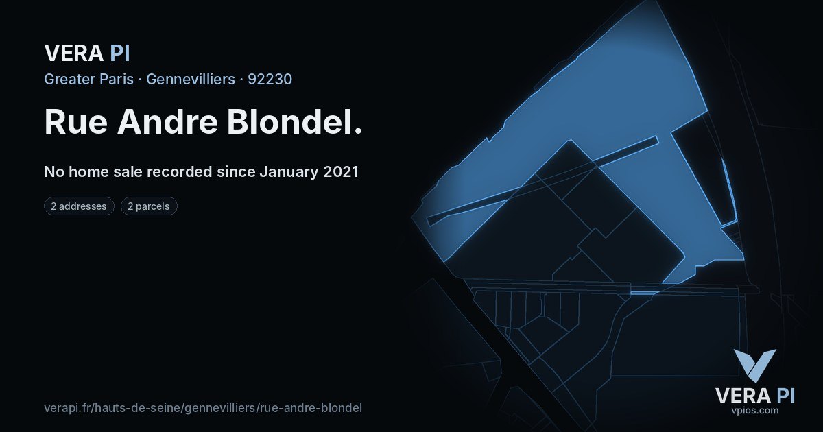 Rue Andre Blondel, Gennevilliers at night – every parcel coloured by the prices around it, the street's own parcels lit