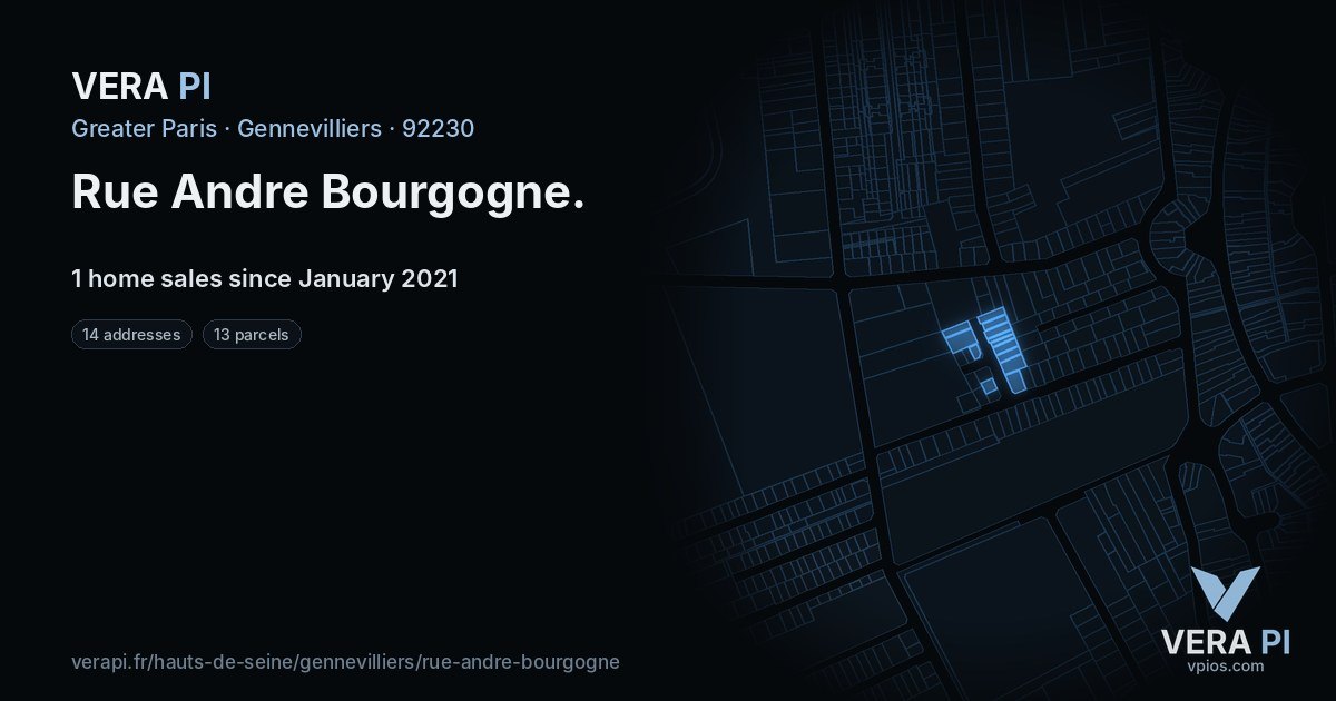 Rue Andre Bourgogne, Gennevilliers at night – every parcel coloured by the prices around it, the street's own parcels lit