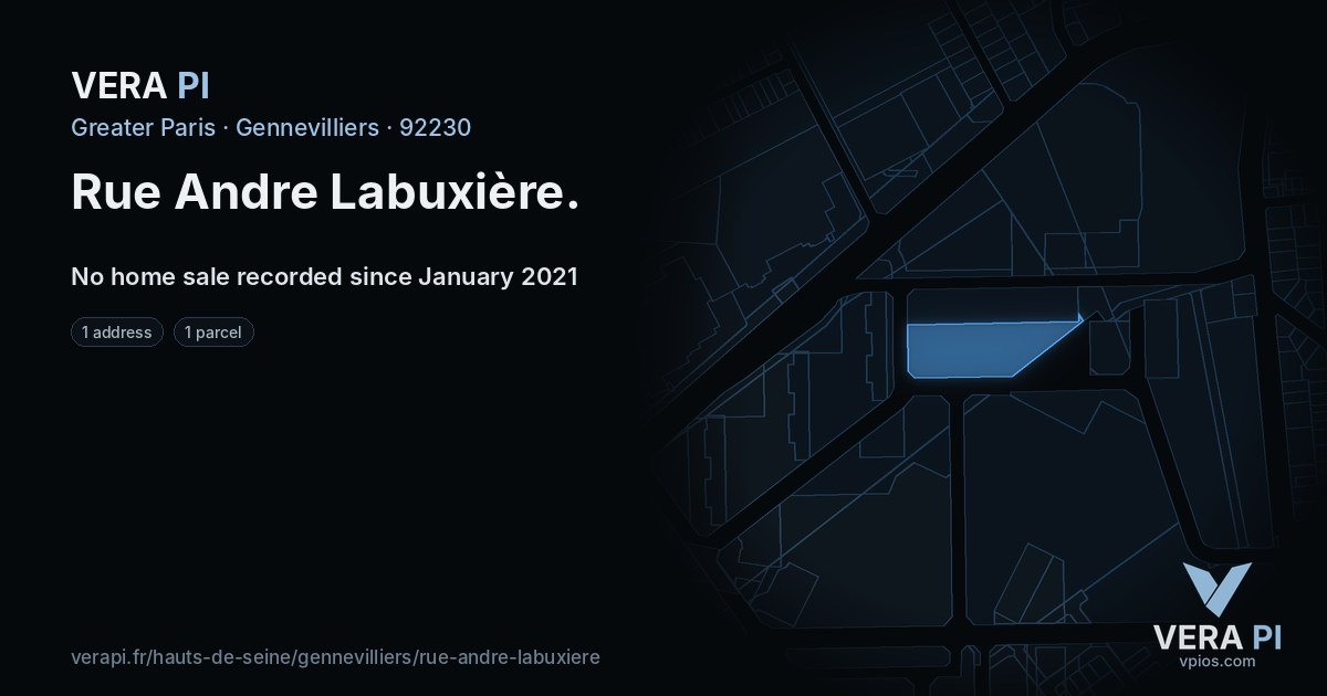 Rue Andre Labuxière, Gennevilliers at night – every parcel coloured by the prices around it, the street's own parcels lit