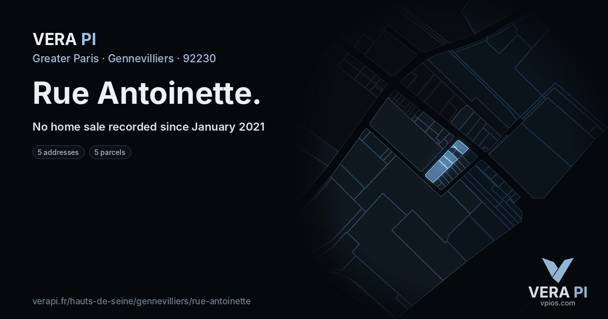 Rue Antoinette, Gennevilliers at night – every parcel coloured by the prices around it, the street's own parcels lit