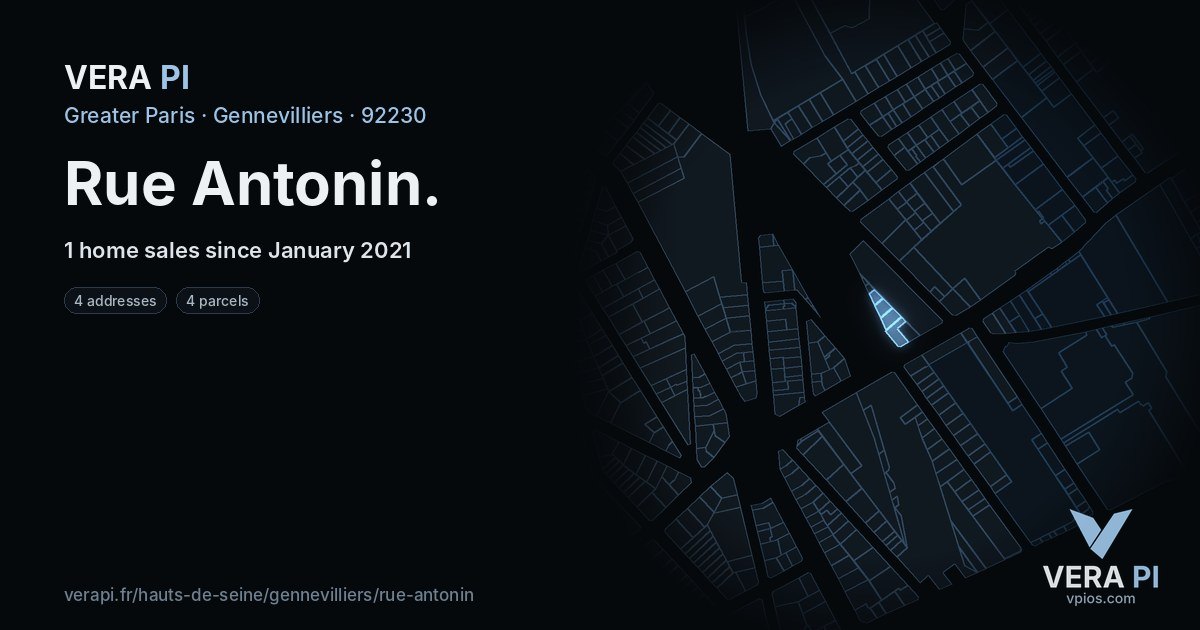 Rue Antonin, Gennevilliers at night – every parcel coloured by the prices around it, the street's own parcels lit