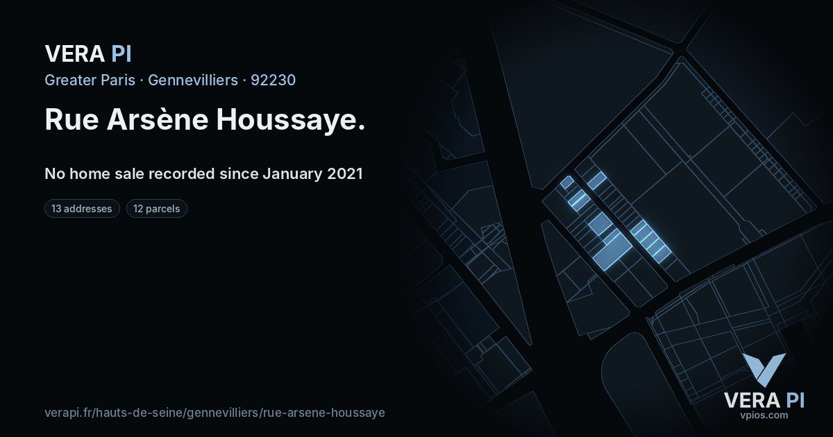 Rue Arsène Houssaye, Gennevilliers at night – every parcel coloured by the prices around it, the street's own parcels lit